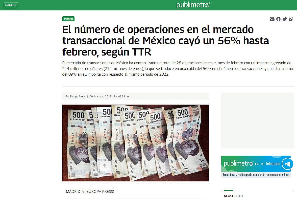 El nmero de operaciones en el mercado transaccional de Mxico cay un 56% hasta febrero, segn TTR